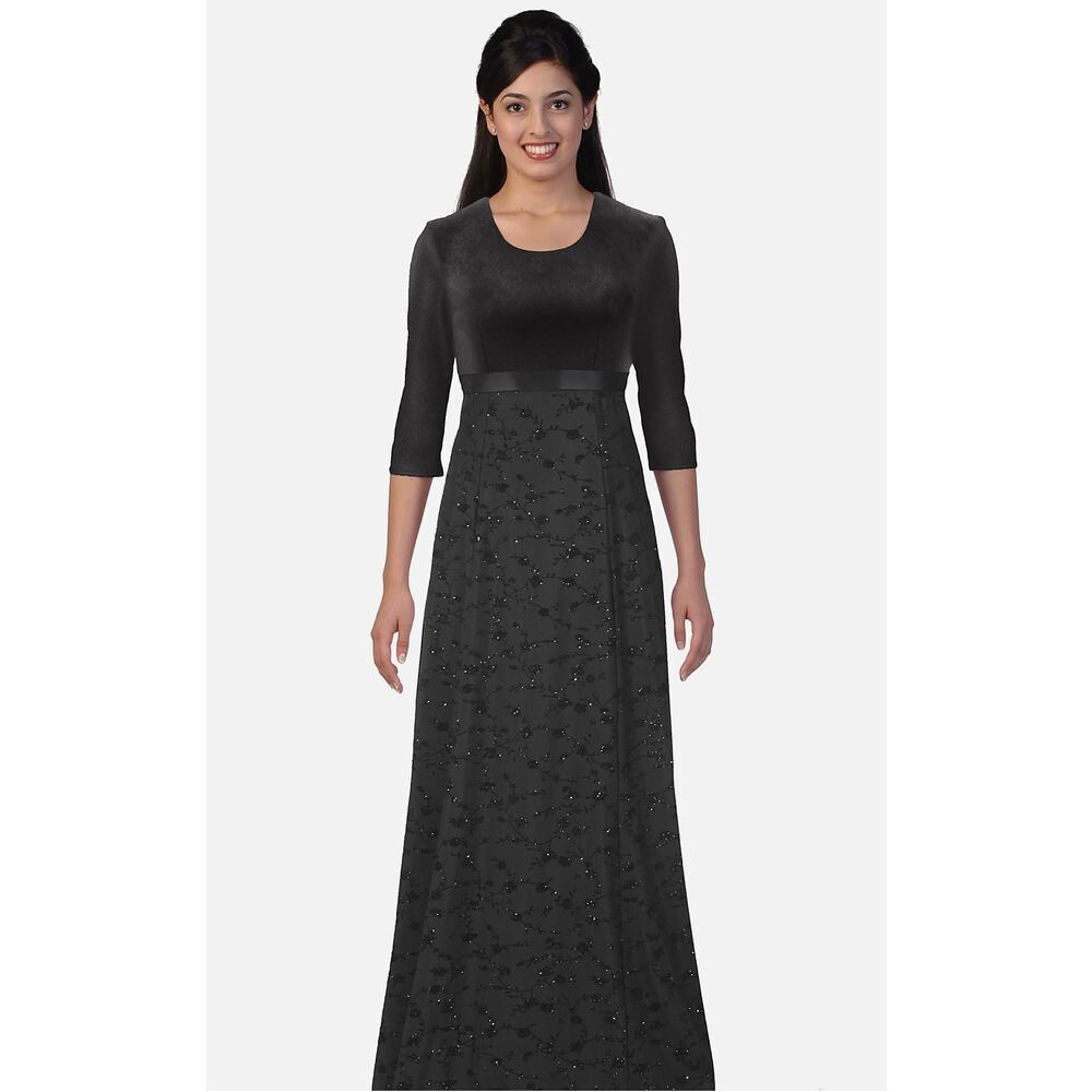 Formal Fashion Stretch Velvet Bodice with Velvet Flocked Chiffon Skirt, Size 6